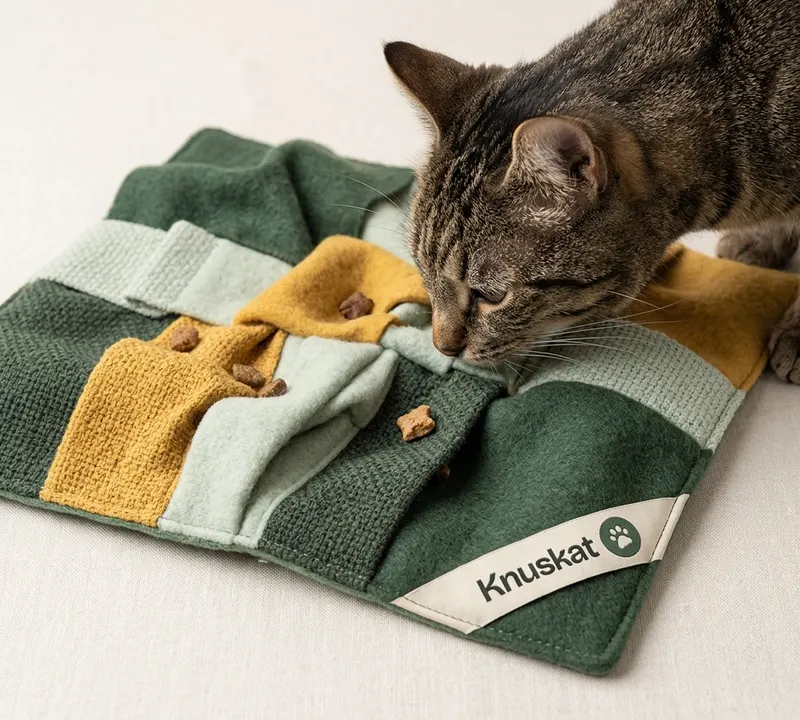 Kat snuffelt naar brokjes met een groen speeltje van Knuskat